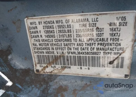 2005 Honda Odyssey Ex z USA, uszkodzony, nr VIN 5FNRL384X5B058827